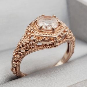 Genuine Round Morganite 14k Rose Gold - 925 Sterling Silver Filigree Floral Ring